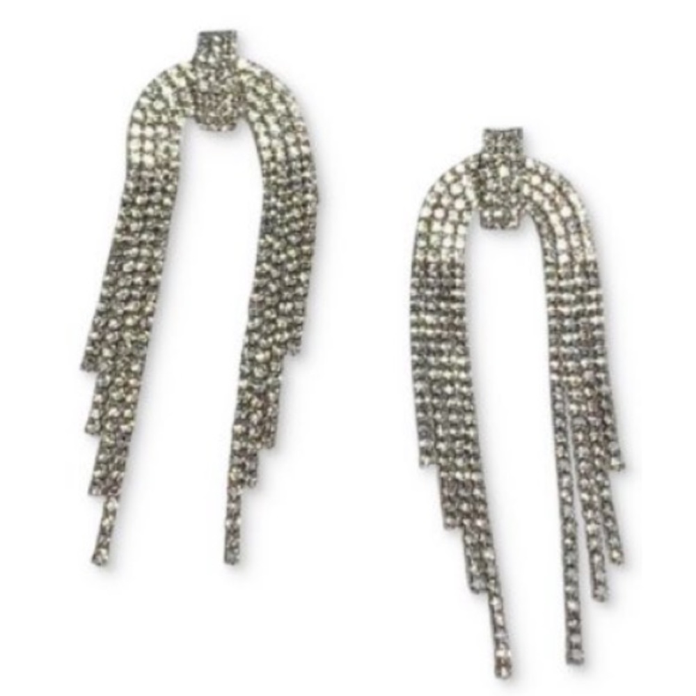 Silver-Tone Rhinestone Chain Rainbow Fringe Statement Earrings Pierced Ears